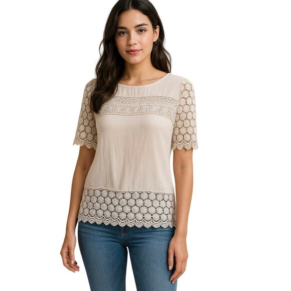 Anthropologie Line & Dot Lace Panel Top Cream XS Romantic Crochet Blouse Boho - Picture 1 of 10